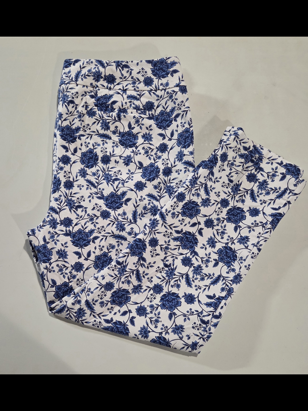 Talbots Chatham Ankle Pants White with Blue Floral Print
